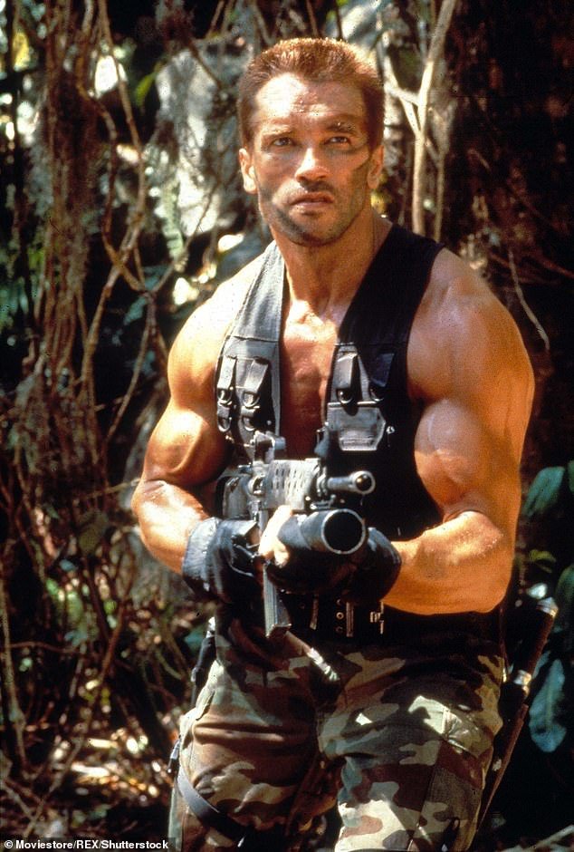 During the filming of Predator, Schwarzenegger requested a gun normally mounted on a tank or a helicopter;  Schwarzenegger depicted in Predator