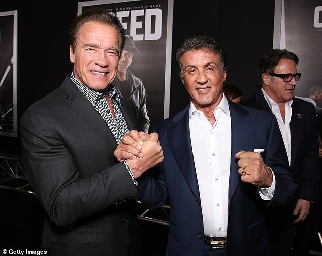 The former rivals became good friends who later invested in Planet Hollywood together.  Stallone even donated $15,000 to Schwarzenegger's gubernatorial campaign in California;  pictured together in 2015