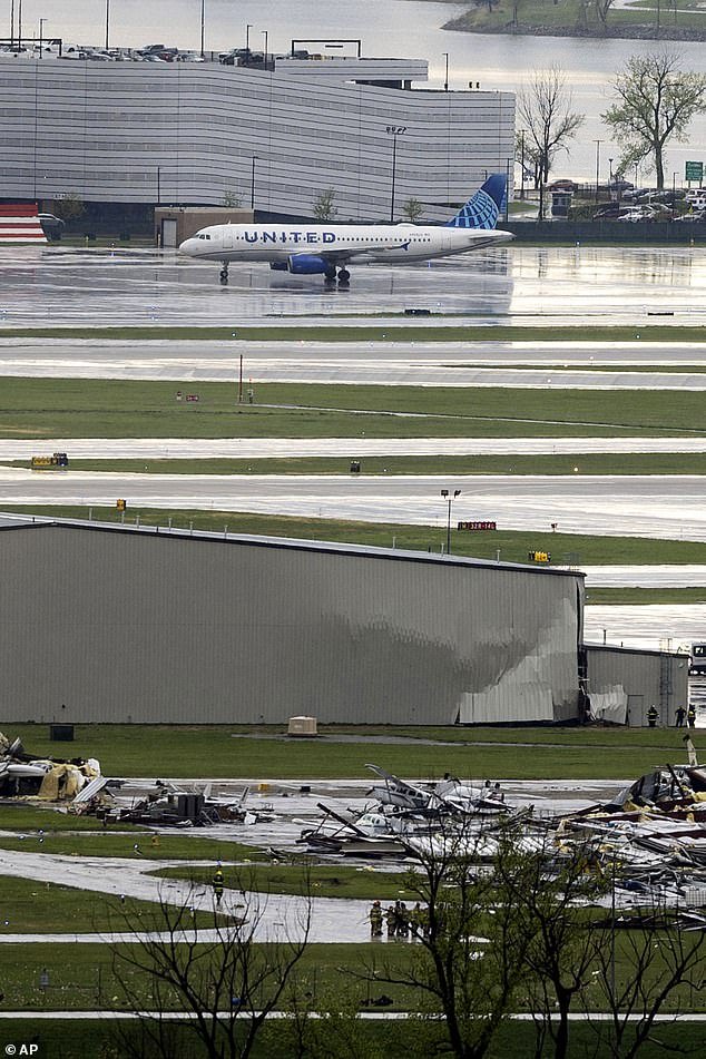 Severe weather damage to Eppley Airfield in Omaha, Nebraska, causing aircraft to overturn