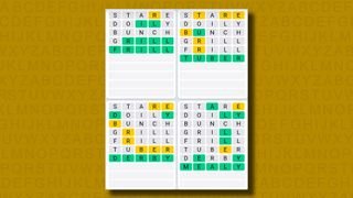 Quordle daily set answers for game 824 on a yellow background