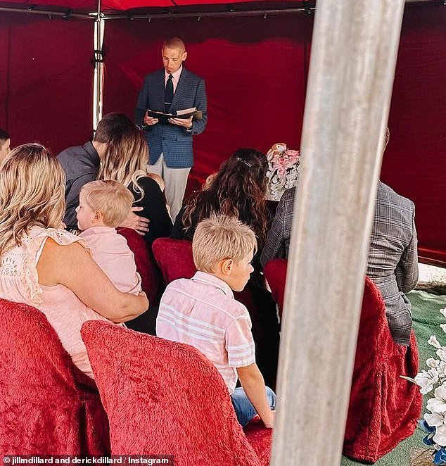 In one image, they appear to be seen alongside Jill and Derick in the audience at the service