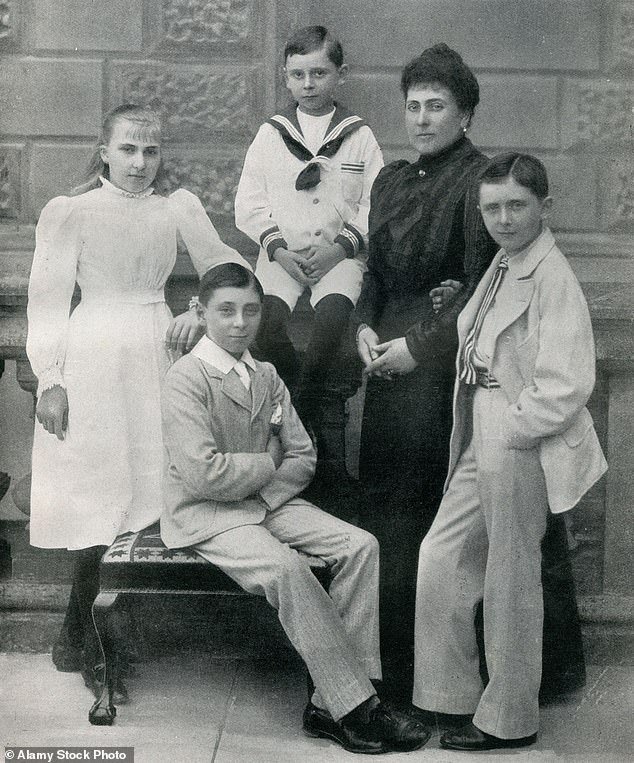 Princess Beatrice, Queen Victoria's youngest child, is pictured with her four children.  From left to right: Ena, Leopold, Maurice (in sailor suit) and Alexander, 1st Marquess of Carisbrooke