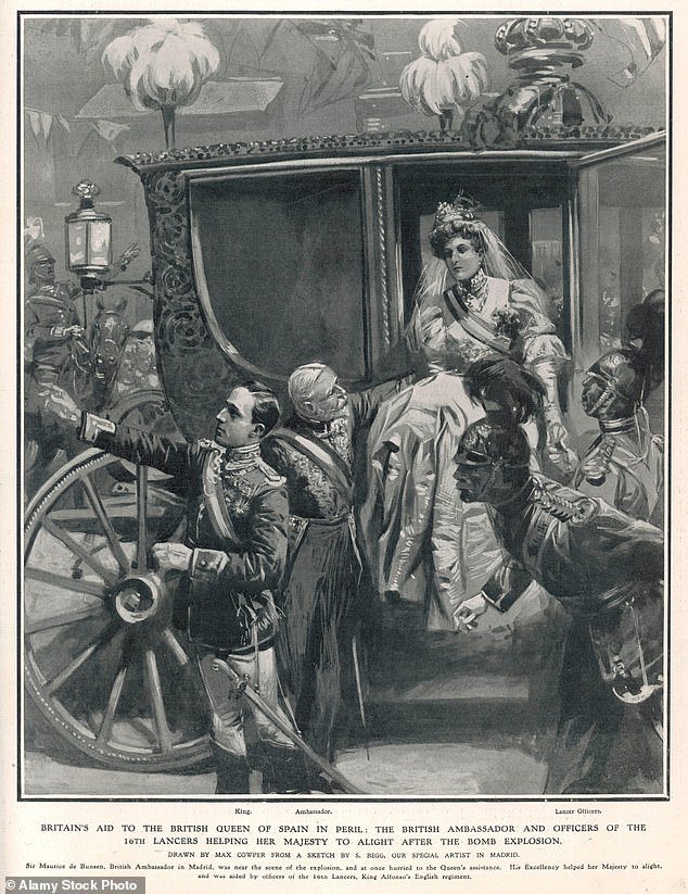 A period illustration showing the British Ambassador and officers of the 16th Lancers helping Queen Ena disembark after the bomb explosion
