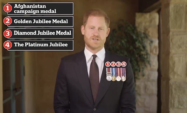 Harry's medals (from left to right) include his service medal in Afghanistan and gold, diamond and platinum anniversary medals for his grandmother, Queen Elizabeth II.