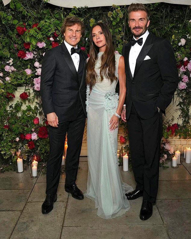 Meanwhile, Tom has been combining work and play during his long trip to Europe, and even partied the night away with his friends, the Beckhams, at Victoria's 50th birthday bash on Saturday evening.