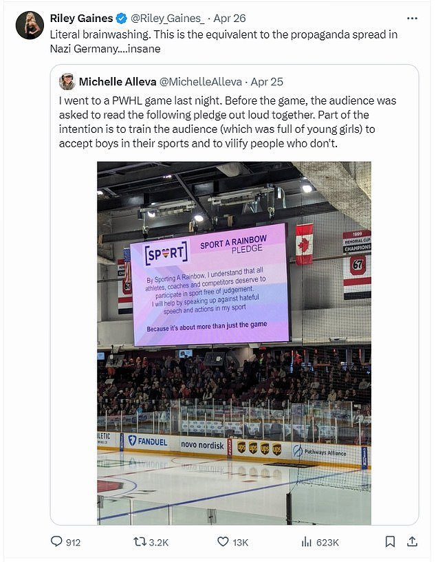 The irate former NCAA swimmer shared a message from a spectator who attended a PWHL match between Ottawa and Boston at TD Place in Canada on Wednesday night