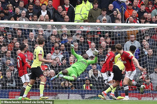 Andre Onana makes a save to maintain parity for Manchester United in the opening 45
