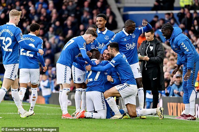 The players celebrate because they know how important Gueye's goal is to ensure safety