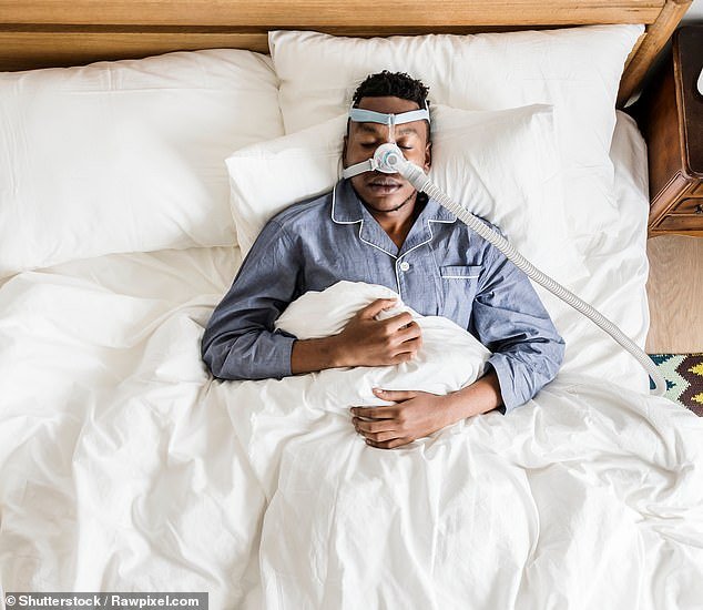 One of the most common treatments for sleep apnea is called continuous positive airway pressure (pictured).  Patients wear a face mask that pumps air into the mouth and nose while sleeping to ensure the trachea remains open
