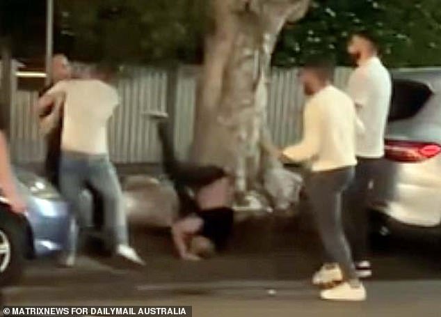 The wild scenes broke out outside a pub on Evans Street, Rozelle, shortly after 11pm on Saturday evening