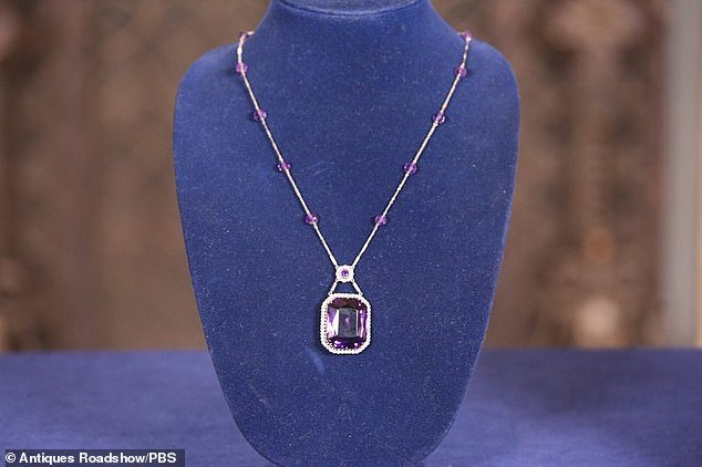 Close-up of Sarah Churgin, expert on amethyst necklaces, worth $3,000 to $4,000