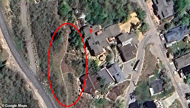 Prince claims the rock wall (circled) crosses the property line between the lot he bought a few weeks ago and the lot next door.  The Hermanns say he purposely bought the lot a few weeks ago out of spite