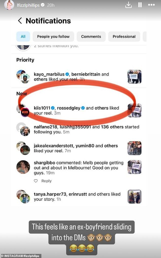 Phillips shared a screenshot on Instagram capturing her social media notification feed, which showed KIIS FM recently 'liking' a video she posted