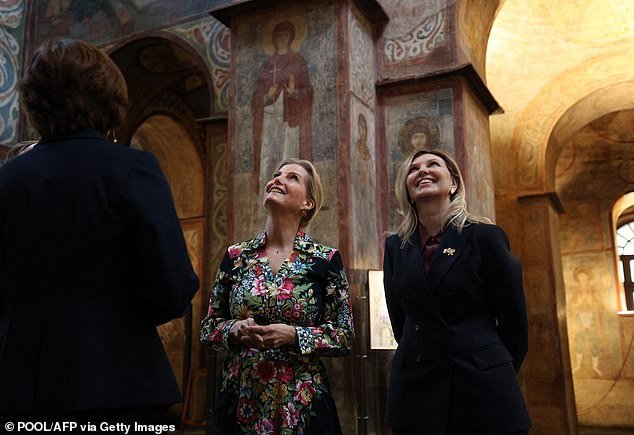 Sophie, Duchess of Edinburgh, was seen smiling as she looked at the ceiling of St. Sophia's Cathedral next to Olena Zelenska