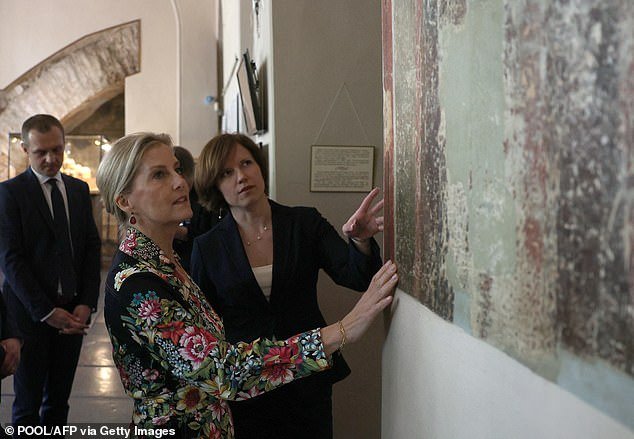 The Duchess was shown frescoes on Monday as she toured the UNESCO World Heritage Site