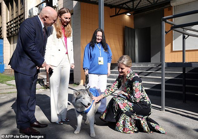 The Duchess was spotted petting a dog during her visit to the UNFPA office in Kiev on Monday