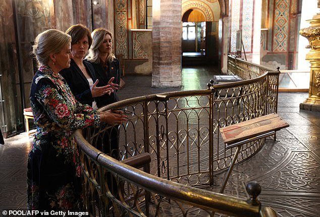 The Duchess (left) today visited St. Sophia's Cathedral in Kiev together with the First Lady of Ukraine, Olena Zelenska (right)