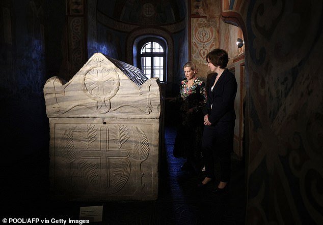 Sophie looks at the grave of Yaroslav I the Wise, the founder of St. Sophia's Cathedral in Kiev