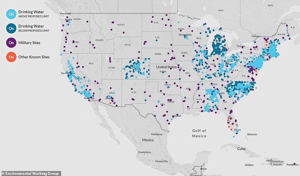 The Environmental Working Group, an activist organization focused on environmental pollutants, has mapped the communities and military sites confirmed to be contaminated with PFAS