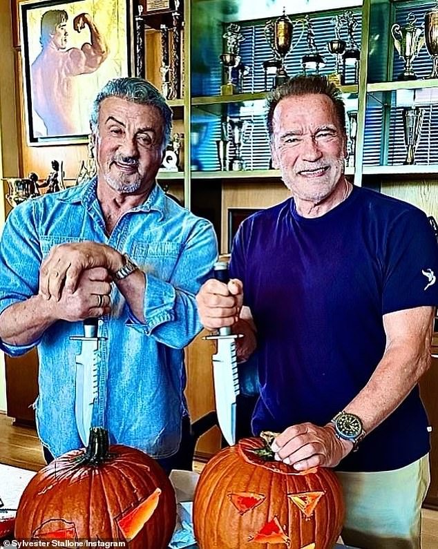 In the heyday of the 1980s/90s, action star rivals Sylvester Stallone and Arnold Schwarzengger competed for everything, including the best scripts, the best body, the biggest guns and the most kills per film (pictured in 2022)