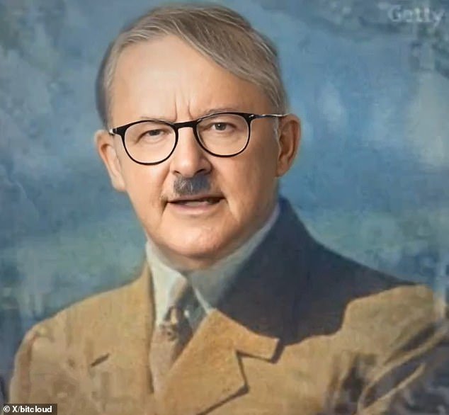 Australian NBA great Andrew Bogut has raised many eyebrows after sharing a shocking video on social media depicting Anthony Albanese as Adolf Hitler (pictured)