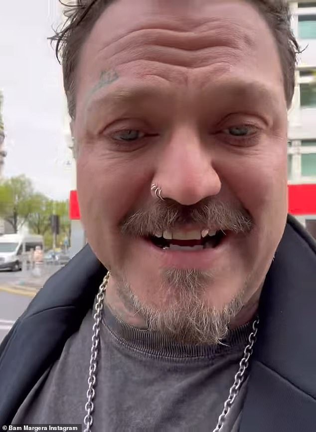 Footage of Bam Margera during a recent street fight in Los Angeles has surfaced online;  pictured in an Instagram clip on Monday