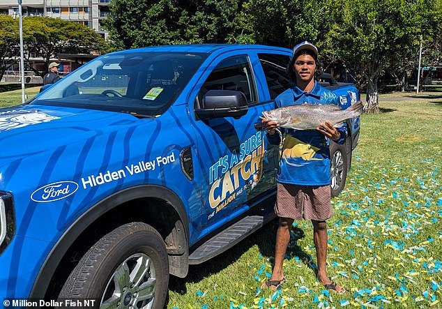 Keegan Payne (pictured) thought the 67cm barramundi he pulled in from the Katherine River on Sunday would make a nice meal for his family
