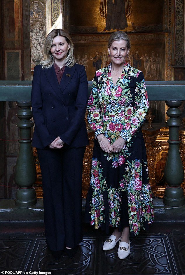 The Duchess of Edinburgh (right) poses for a photo with Ukrainian First Lady Olena Zelenska (left) at St. Sophia's Cathedral during what was the first visit to the country by a member of the royal family since the Russian invasion