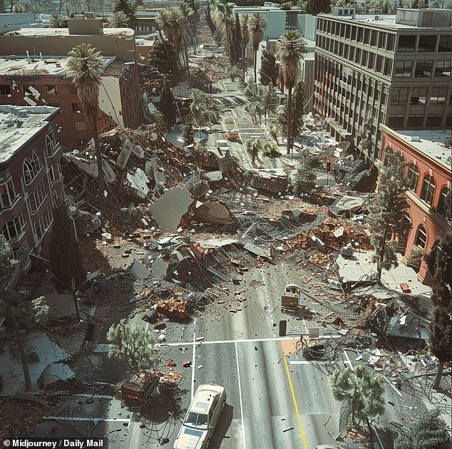 Scientists have been monitoring the San Andreas Fault, which is predicted for the 'Big One', for some time now.  The photo shows what Los Angeles might look like if a magnitude 6 earthquake were to occur