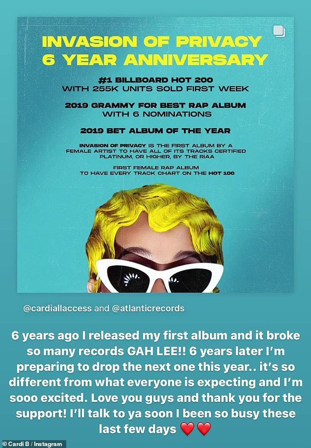 '6 years ago I released my first album and it broke so many records GAH LEE!!  Six years later, I'm getting ready to drop the next one this year,” she wrote in a post listing some of the accolades Invasion Of Privacy received following its April 6, 2018 release.