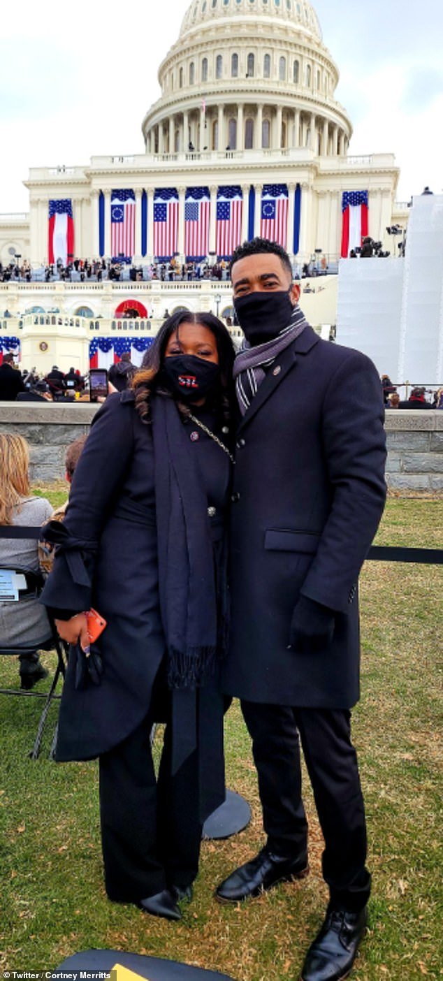 Cori Bush and her current husband Cortney Merritts together at the 2020 inauguration