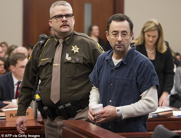 Larry Nassar is pictured in court during his sentencing hearing in Michigan in January 2018