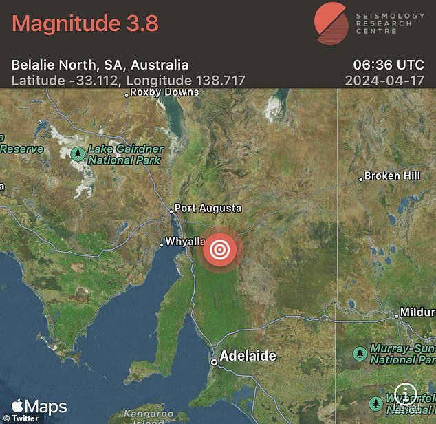 The magnitude 4.2 quake struck Jamestown in the state's center, about 200km north of Adelaide, just after 4pm on Wednesday (pictured)