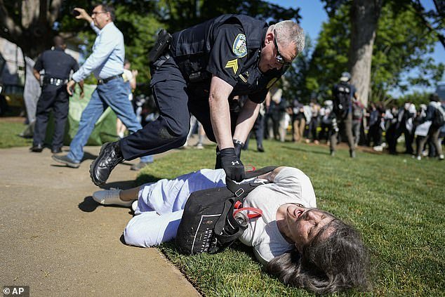 Emory University lecturer Caroline Fohlin shouted 'I am a professor' after police violently knocked her to the ground during her arrest during a Gaza solidarity protest on campus