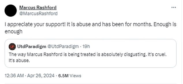 Rashford thanked fans online for their support before declaring he had 'had enough'