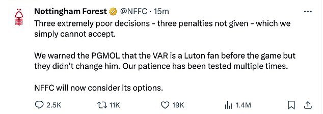 Forest published a furious tweet after the match claiming they had been denied three clear penalties