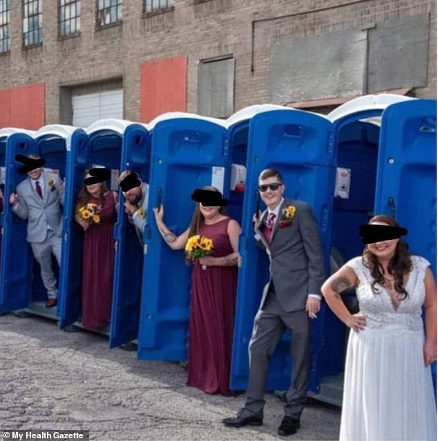Most people choose to be in nature for their wedding photo shoot, but an unconventional bride and groom chose to take their photos next to portable toilets