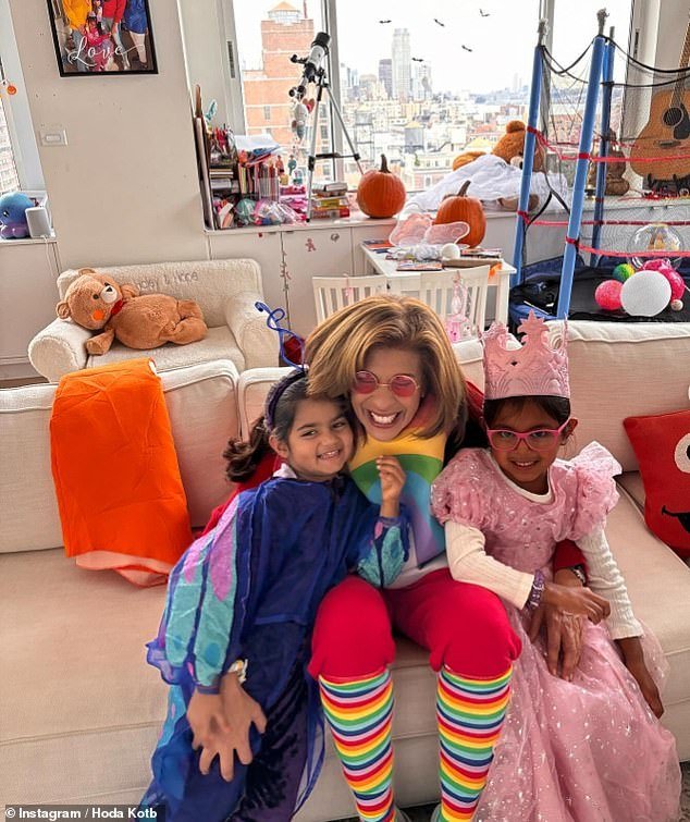 In addition to giant teddy bears, books and a telescope, Hoda also has a trampoline in the open-plan living room