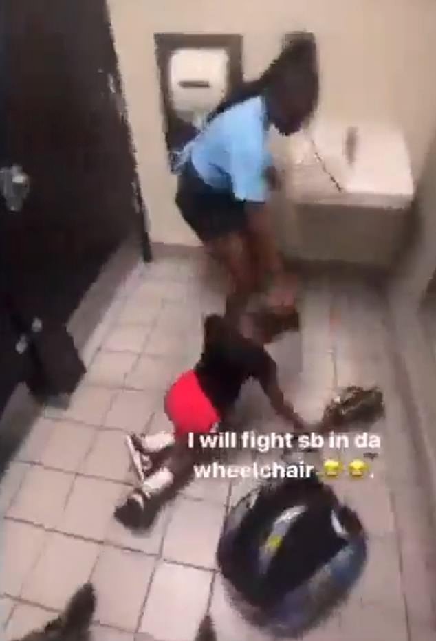 The gruesome video starts with the victim on her knees before the other girl grabs her head and pushes it onto the bathroom floor
