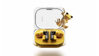 Nothing Ear (a) earbuds in their case, with a frog inexplicably climbing into the case
