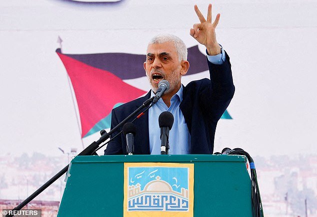 Yahya Al-Sinwar, head of the Palestinian Islamist Hamas movement in the Gaza Strip, speaks during a meeting to mark the annual al-Quds Day in Gaza, April 14, 2023