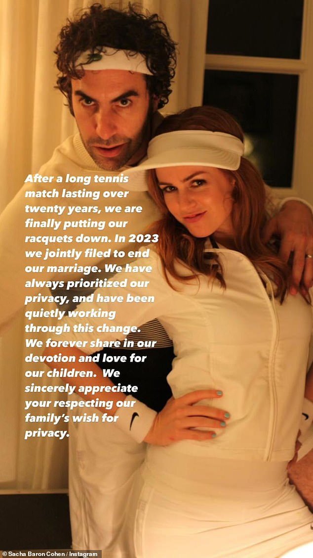 Isla confirmed her split from Sacha with an Instagram photo of the couple in tennis outfits, writing: 'After a long tennis match of over twenty years we finally put down our rackets'