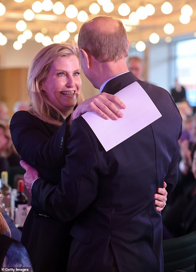 Prince Edward and Sophie hugged after her emotional speech praising him on his 60th birthday, when she said: 'I'm so proud of the man he is.  He is the best father, the most loving husband and still my best friend