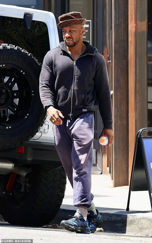 Jonathan Majors was pictured for the first time after he was convicted in his domestic violence case earlier this month.  The former Marvel and Disney actor, 34, looked casual in a black zip-up hoodie and dark purple sweatpants for his post-workout lunch date with girlfriend Meagan Good at Sunset Plaza in West Hollywood