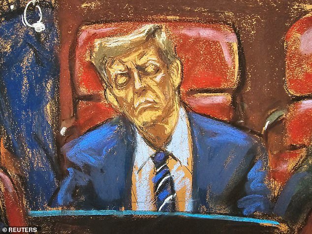 Former US President Donald Trump sits at the defense table during jury selection in his trial on charges that he falsified business records to hide money paid to silence porn star Stormy Daniels in 2016, in Manhattan District Court in New York City, USA, April 16, 2024 in this courtroom sketch.