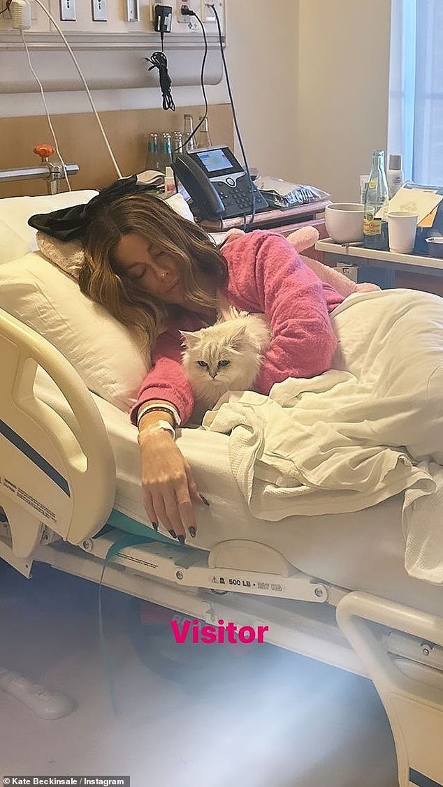 After first looking glum in a hospital gown while wearing a large bow on her head on March 11 (British Mother's Day), she shared an adorable photo of her with her cat Willow the next day