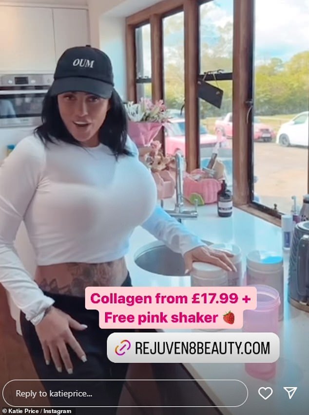 Katie Price showed off the astonishing results of her 16th boob job on Instagram on Wednesday wearing a tight white top after saying she wants the 'biggest boobs in Britain'