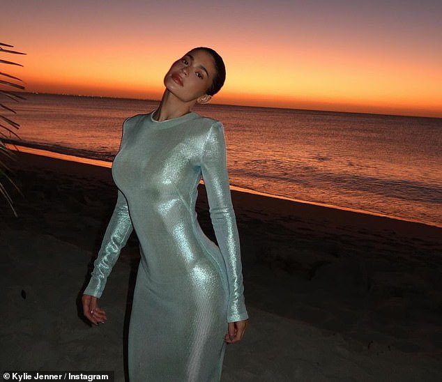 Kylie posed on the beach at sunset in the metallic dress with the ocean in the background