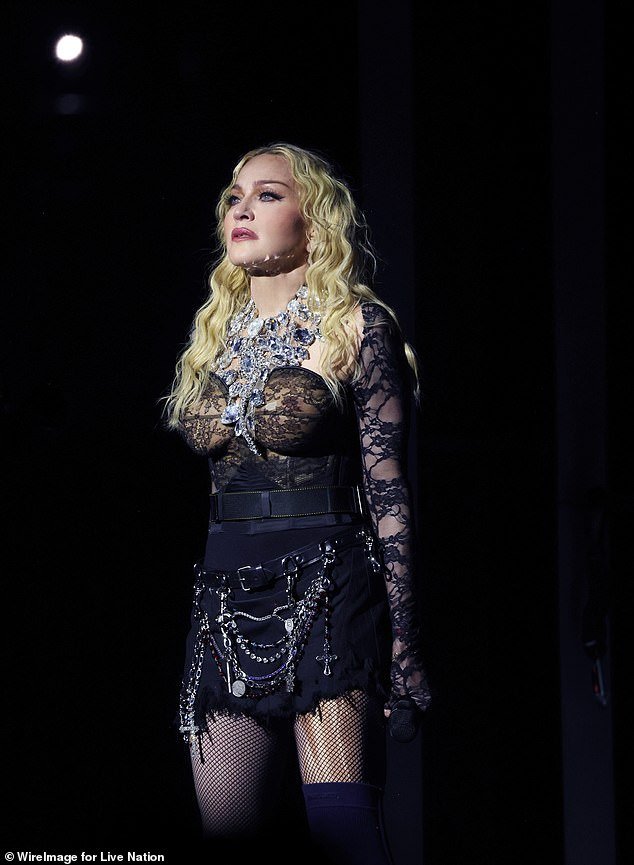 Madonna is in trouble again due to the late start of her concerts;  seen on October 15, 2023 in London, England