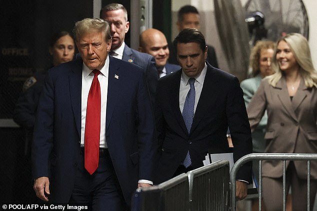 Former US President Donald Trump arrives at his confirmation hearing on April 23, 2024 after pleading not guilty to 34 crimes in connection with a case alleging he improperly made hush money payments to influence the 2016 election